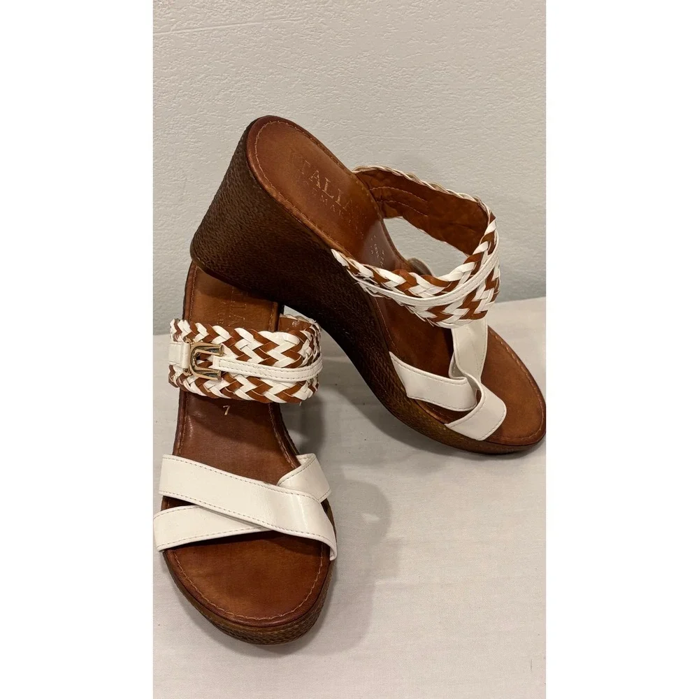 Italian Shoemakers White Brown Braided Buckle Wedge Sandals Size 7 Made in Italy